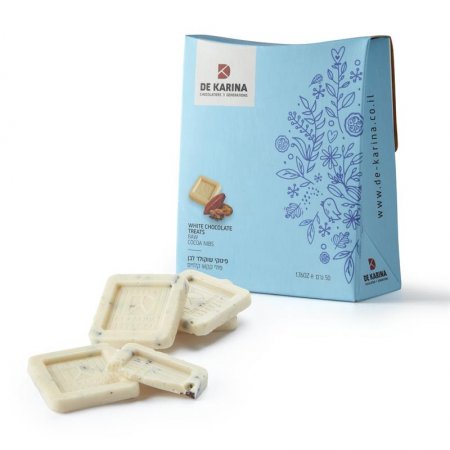 מאניה תכלת –ריבועי שוקולד לבן עם שברי פולי קקאו